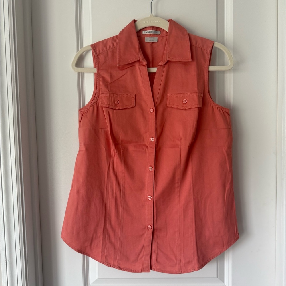 Van Heusen Coral Color Sleeveless Button Down Notched Collar Top